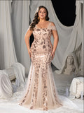 Plus Square-Neck Cold-Shoulder Mermaid Gown with Floral Sequin Embroidery & Tulle Details