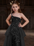 Tween Girls' One Shoulder Sleeveless Contrast Mesh Sequin Dress
