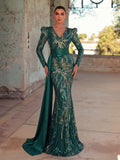 Elegant Sequin Embroidered V-Neck Mermaid Gown | Long Sleeve with Wide Belt & Sweep Train