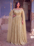 Plus Off-Shoulder Sequined Gown with Flowing Cape – Luxury Evening Wear for Weddings or Red Carpet Events, 1XL-5XL