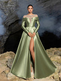 Luxury Beaded Evening Gown with Off-Shoulder Mesh Insert, High Slit Satin Dress for Red Carpet & Gala Events