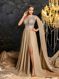 Elegant One-Shoulder Chiffon Evening Gown with Beaded Sequin Embellishment, Cape-Like Draped, High Slit and Flowy Skirt