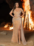 Plus Off Shoulder Split Thigh Sequin Formal Party Dress
