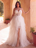 Plus Elegant Strapless Sweetheart White Bridal Gowns: Tiered Tulle Skirt with Thigh-High Slit & Corset Bodice – Elegant 1XL-5XL Wedding Dresses