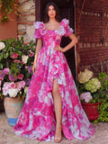Elegant Ruffle Trim Off Shoulder Floral Organza Prom Dress