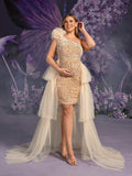 Plus Maternity One Shoulder Tulle Overlay Sequin Party Dress