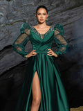 Elegant Satin A-line Evening Gown with V-Neck, Tulle Puff Sleeves and High Slit