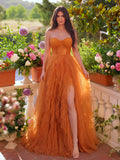 Elegant Lace Bodice Contrast Split Ruffle Layered Hem Prom Tube Dress