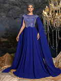 Elegant Chiffon Evening Gown with Beaded Sequin Embellished Bodice, Cape-Style Sleeves & Flowy Floor-Length Skirt, Back Beaded Detail
