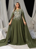 Plus Elegant Cape Sleeve Evening Gown with Beaded Floral Embroidered Bodice & Flowing Train