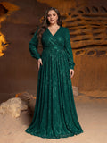 Plus V Neck Lantern Sleeve Sequin A Line Dresses