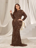Plus Elegant Maxi Sequin Evening Gown with Mock Neck, Long Sleeves, and Mermaid Fishtail Skirt