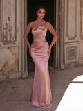 Strapless Satin Mermaid Gown with Asymmetric Draping & Ruched Waist Detail | Elegant Maxi Dress for Evening Party & Formal Occasions