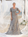 Womens' Elegant V-Neck Evening Gown with Delicate Lace & Silver Embroidery – Long Flowing Skirt for Seaside Weddings & Romantic Beach Events