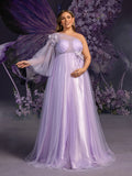 Plus Maternity Applique Details One Shoulder Tulle Evening Dress