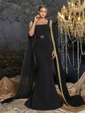 Elegant Mermaid Evening Gown with Square Neckline, Transparent Cape & Belted Waist, Golden Embroidered Edges