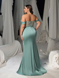 Plus Size Sequin Off-Shoulder Evening Gown - Fishbone Mermaid Dress with High Slit