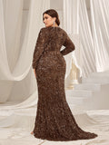 Plus Elegant Maxi Sequin Evening Gown with Mock Neck, Long Sleeves, and Mermaid Fishtail Skirt
