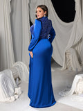 Plus Sequin & Beaded High-Neck Mermaid Gown with Puff Long Sleeves and High Slit