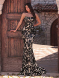 Elegant Strapless Mermaid Hem Floral Sequin Formal Evening Dress