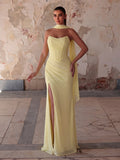 Elegant Strapless Maxi Dress | Ruched Tulle Gown with High Front Slit and Open Back Lace-Up Detail