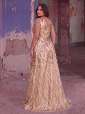 Plus Floral Sequin V Neck Sleeveless A-Line Formal Dress