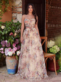 Ruched Bustier Ruffle Trim Hem Floral Printed Tube Dress