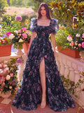 Elegant Ruffle Trim Puff Sleeves Floral Organza Prom Dress