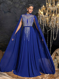 Elegant Chiffon Evening Gown with Beaded Sequin Embroidery Vertical Stripes, Cape-Style Sleeves, Flowy Skirt and Waist Belt Accent