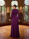 Elegant V Neck Slit Long Sleeve A-Line Dress
