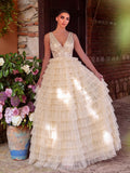 Gorgeous Plunging Neck Cascading Ruffle Hem Sequin Prom Dress