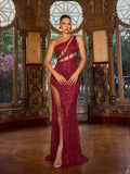 Chic One Shoulder Cut Out Split Sequin Party Dress