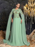 Elegant Chiffon Evening Gown with V-Neckline, Beaded Sequin Embroidered Bodice, Cape Sleeves and Flowy Floor-Length Skirt