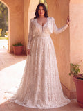 Plus Elegant Plunging Neck Lace Wedding Dress Two Pieces Set