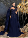 Gorgeous Two-Piece Beaded Gown with Detachable Cape | Sheer Chiffon Overlay & Corset Bustier