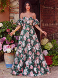 Floral Jacquard Off Shoulder Puff Sleeves Prom Dress