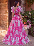 Elegant Ruffle Trim Off Shoulder Floral Organza Prom Dress