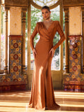 Elegant V Neck Long Sleeve Split Thigh Formal Dress