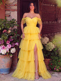 Gorgeous Fringed Detail Off Shoulder Layered Hem Tulle Prom Dress