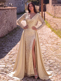 Sequin Evening Gown with Sheer Long Sleeves, Deep V-Neck & Back V-Cut | Elegant High Slit Formal Dress for Special Occasions