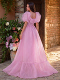 Elegant Ruffle Trim Puff Sleeves Organza Dress
