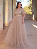 Plus Elegant Surplice Neck Butterfly Sleeves Sequin Evening Dress