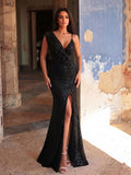 Asymmetrical Neck Split Thigh Sequin Party Dress