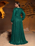 Plus V Neck Lantern Sleeve Sequin A Line Dresses