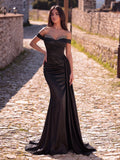 Elegant Satin Off-Shoulder Mermaid Gown | Sculpted Ruching & High Thigh Slit