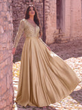 Elegant V-Neck Long Sleeve Evening Gown with Puffed Sleeve Detailing, Sequin Beaded Embellishments, Thin Waist Belt & Satin A-Line Skirt | Elegant Formal Dress for Special Occasions