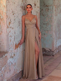 Solid V Neck Split Thigh Cami Bridesmaid Dress