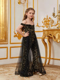 Tween Girls' Off Shoulder Mesh Overlay Sequin Party Jumpsuit - Elonnashop