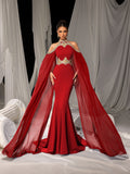 Luxurious Mermaid Gown with Flowing Cape & Gold Embellishments for Red Carpet or Luxury Weddings, XS-XL