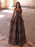 Leopard Print Sleeveless Maxi Dress with Square Neckline, Tie Back & Flowy Skirt | Vintage-Inspired Evening Gown for Party & Formal Occasions